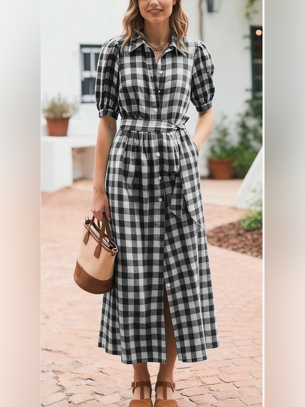 Chartou NWOT Black and White Gingham Midi Shirt Dress with Tie Waist